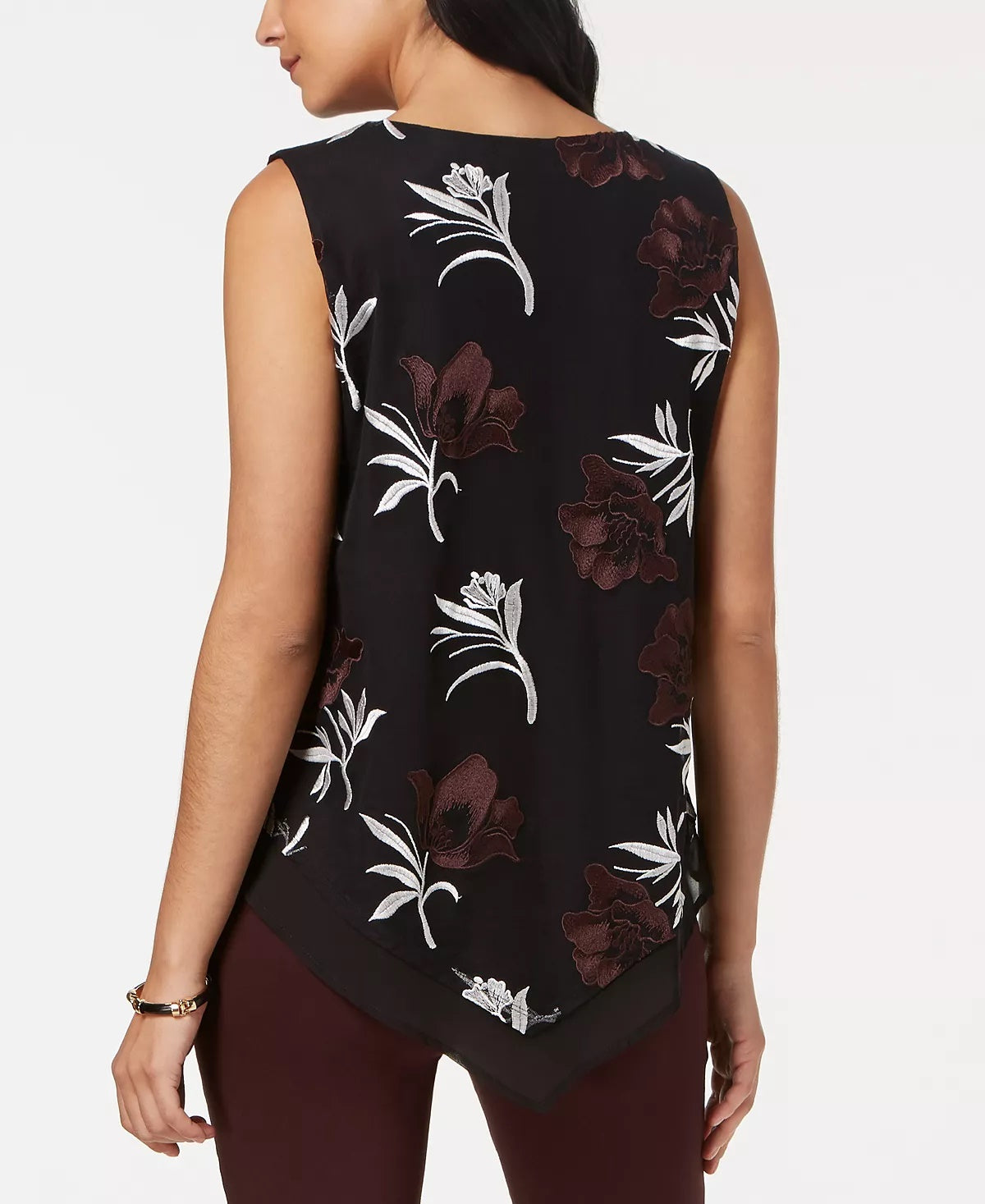 Alfani Women's Floral Embroidered Pointed Hem Blouse Top Red Size Petite Medium