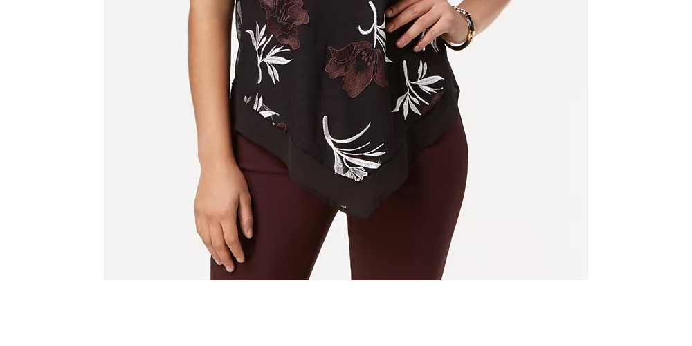 Alfani Women's Floral Embroidered Pointed Hem Blouse Top Red Size Petite Medium