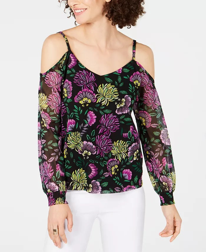 INC International Concepts Women's Shoulder Floral Smocked V Neck Evening Blouse Black Size PS