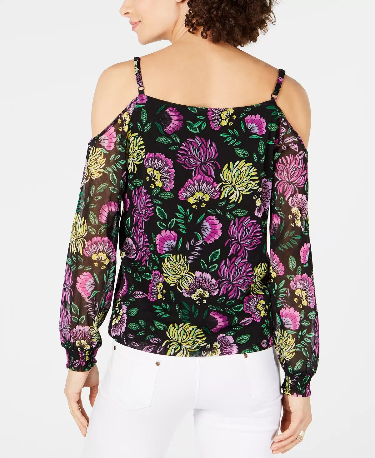 INC International Concepts Women's Shoulder Floral Smocked V Neck Evening Blouse Black Size PS