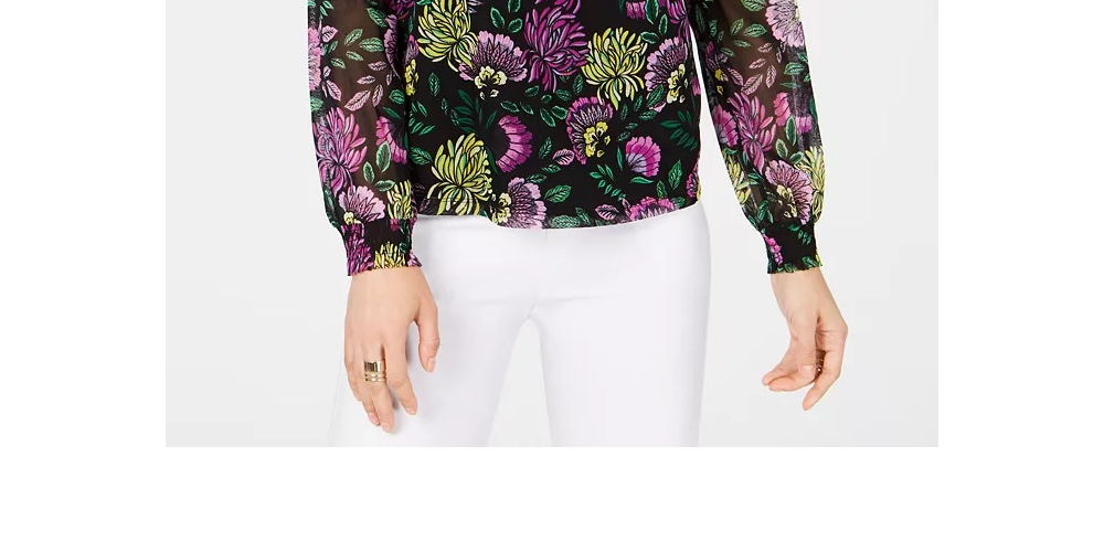 INC International Concepts Women's Shoulder Floral Smocked V Neck Evening Blouse Black Size PS