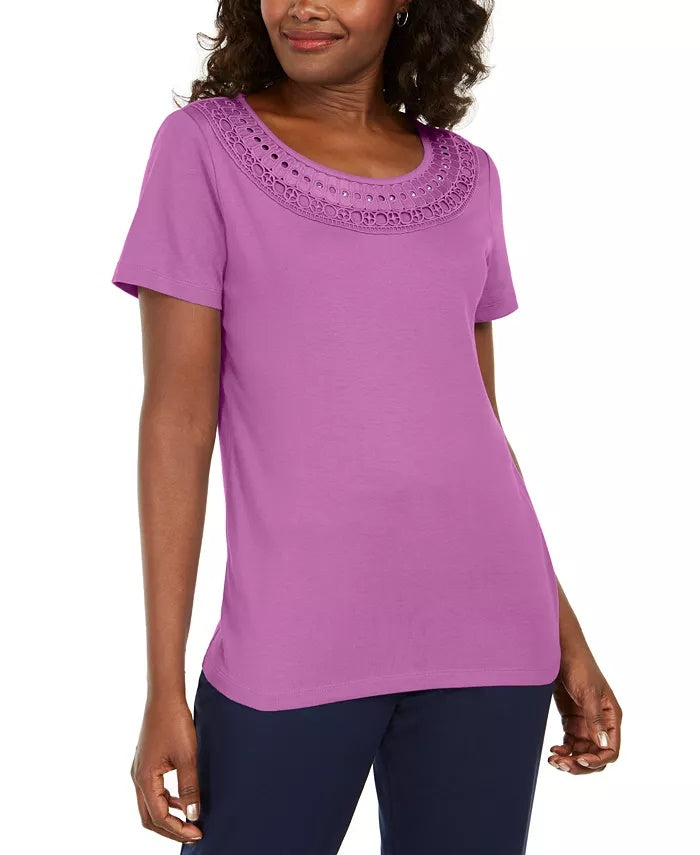 Karen Scott Women's Cotton Crochet Trim T-Shirt Purple Size Medium