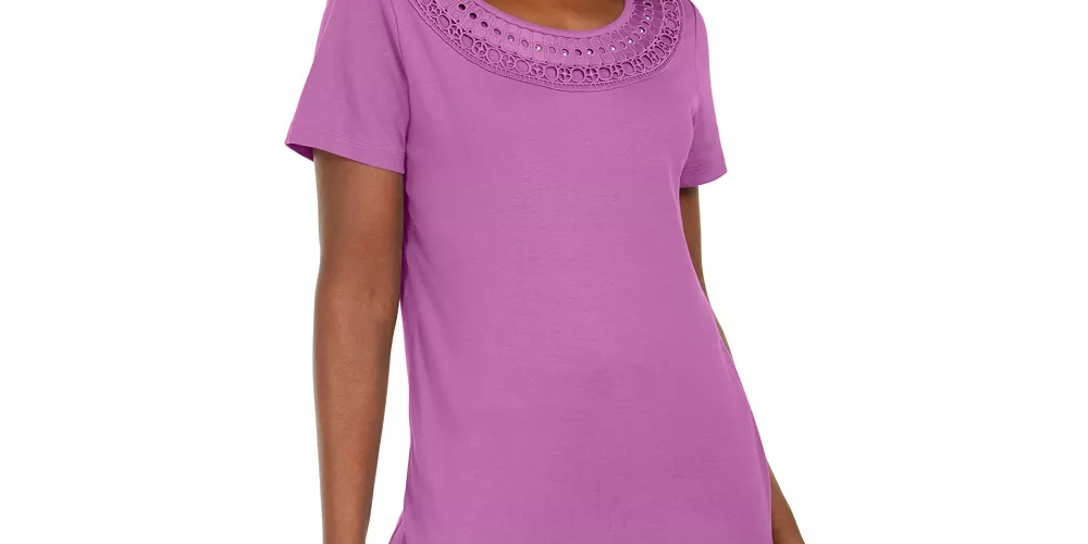 Karen Scott Women's Cotton Crochet Trim T-Shirt Purple Size Medium
