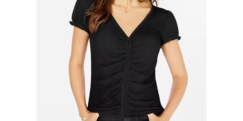 Ultra Flirt Women's Waffle Cinched Pullover Top Black Size Small