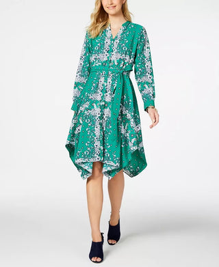 Charter Club Women's Printed Handkerchief Hem Shirtdress Green Size Petite L