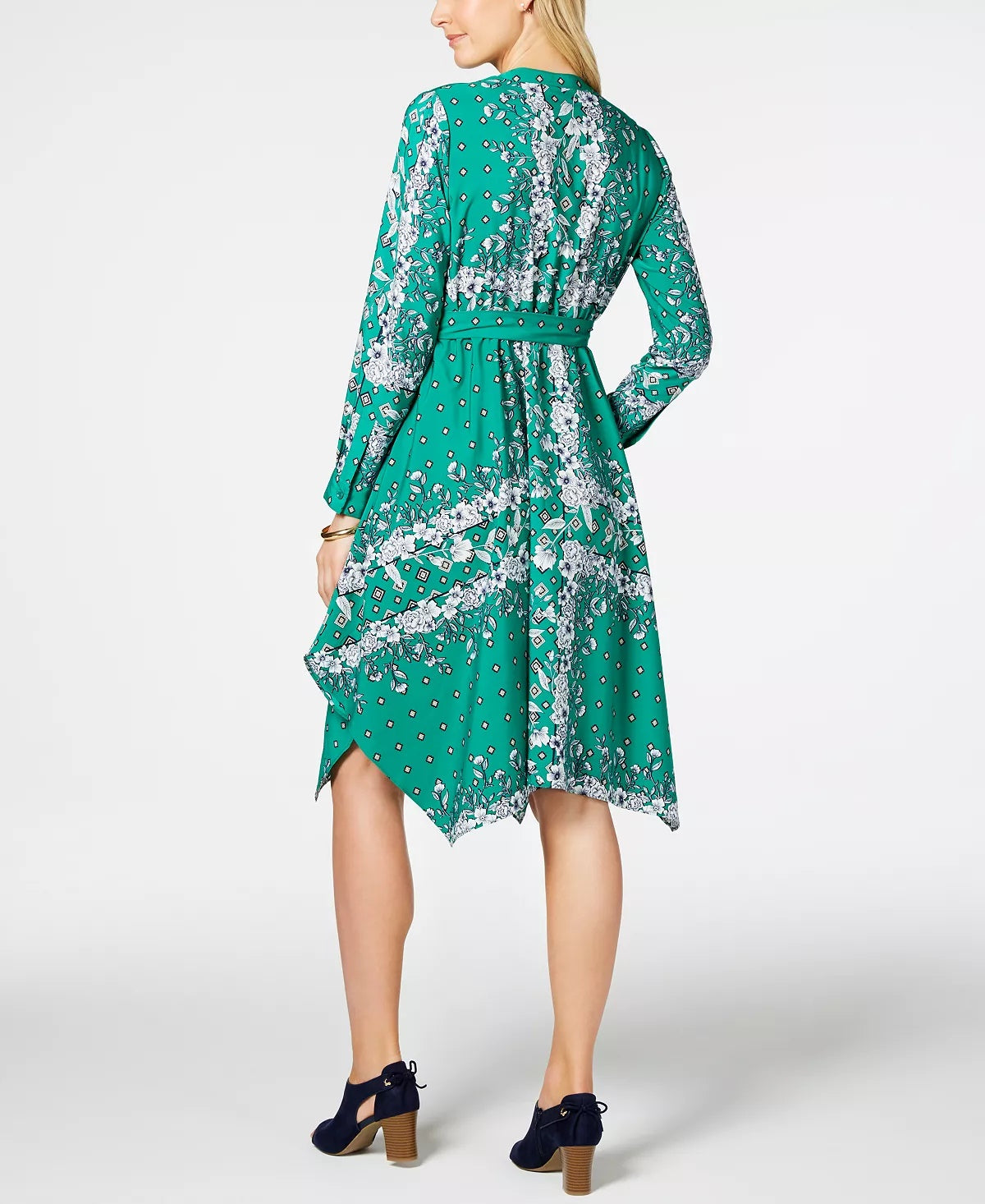 Charter Club Women's Printed Handkerchief Hem Shirtdress Green Size Petite L