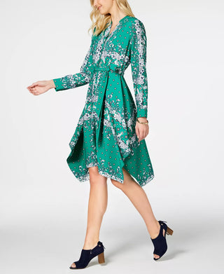 Charter Club Women's Printed Handkerchief Hem Shirtdress Green Size Petite L