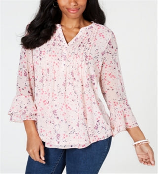 Charter Club Printed Pintuck Top Pink Size XL