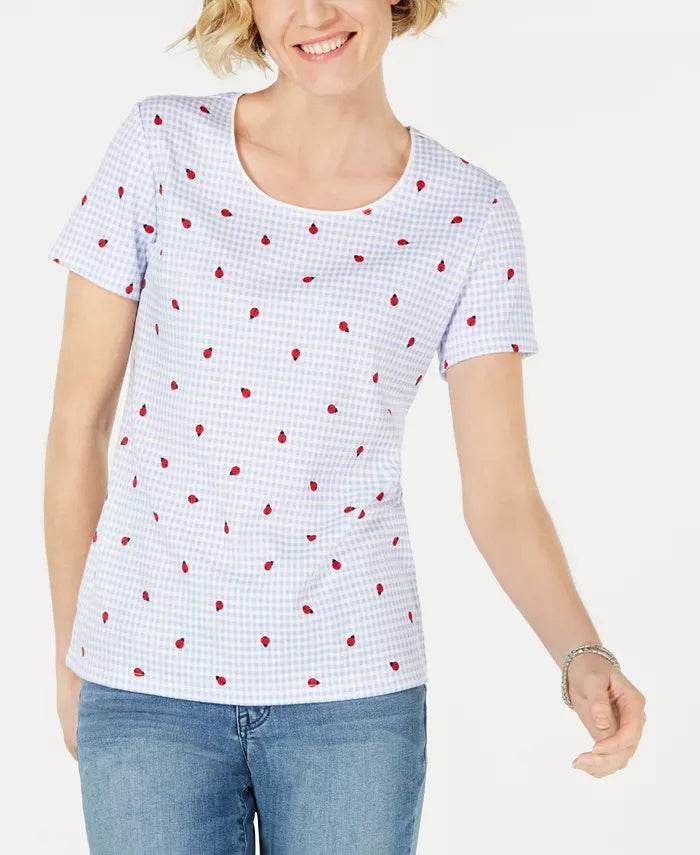 Karen Scott Women's Petite Ladybug Gingham Printed Top Blue Size Petite Small