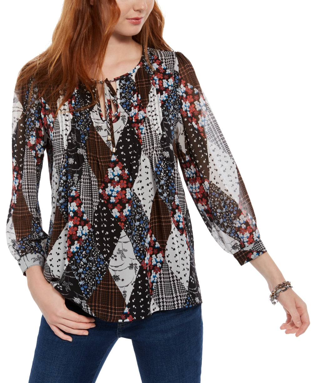 Tommy Hilfiger Women's Long-Sleeve Bayview-Dot Pintuck Top Charcoal Size Large