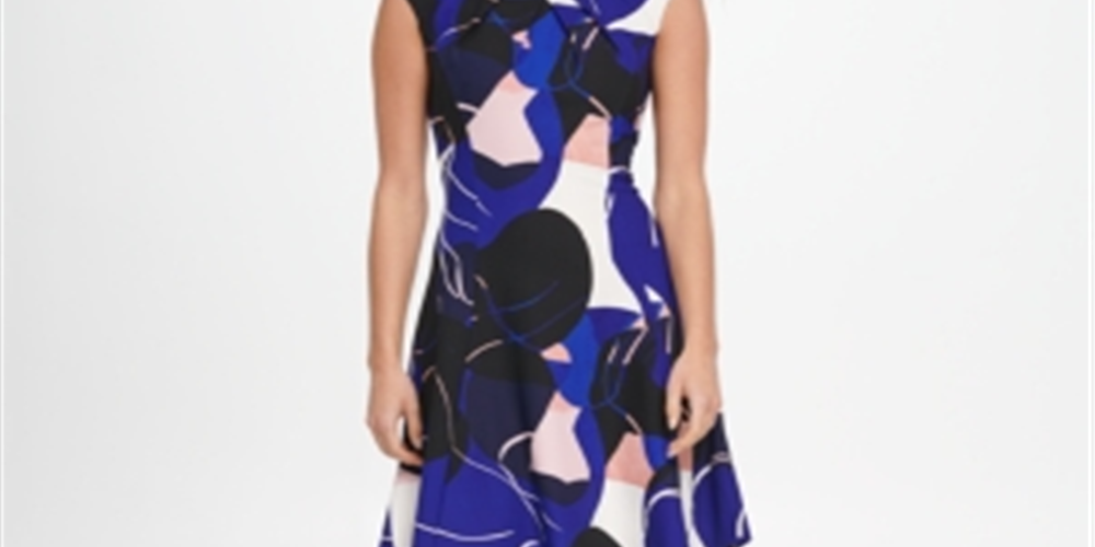 Dkny Abstract Print Pleat Neck Fit & Flare Dress Blue Size 8