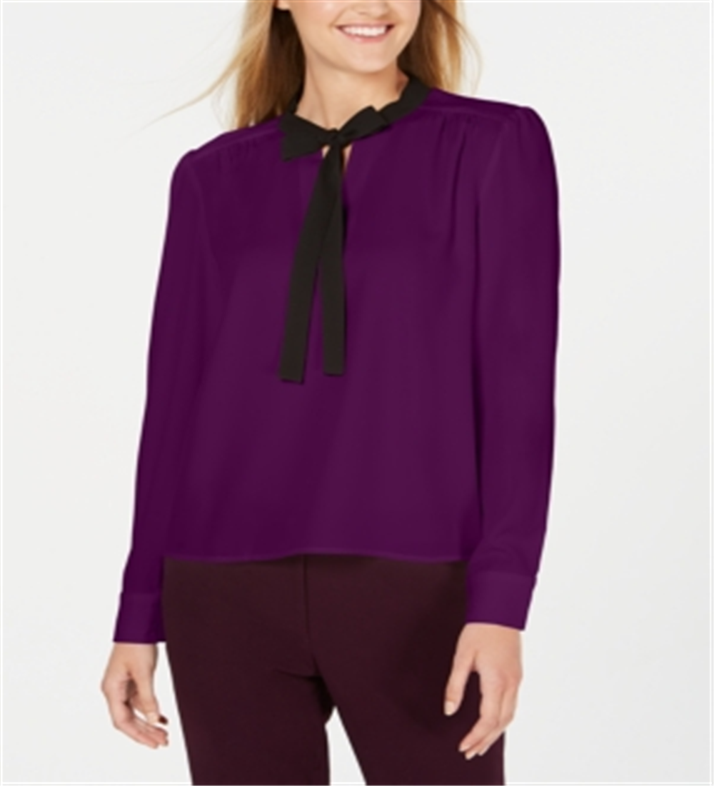 Long Sleeve Contrast Bow Blouse Purple Size Petite S