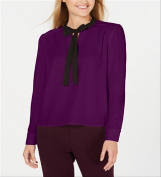 Long Sleeve Contrast Bow Blouse Purple Size Petite S