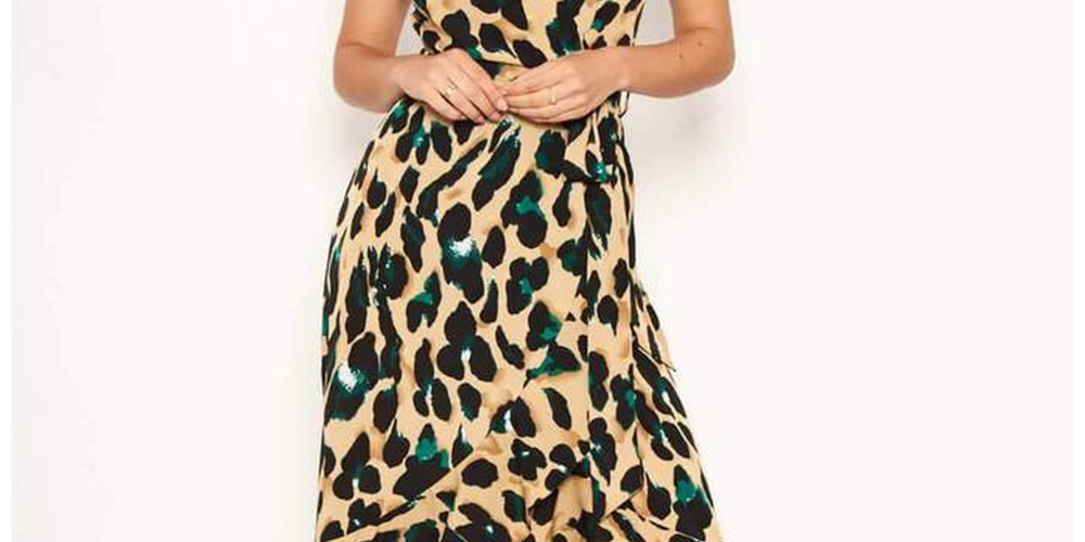 AX Paris Women's Leopard Print Wrap Frill Maxi Dress Brown Size 13