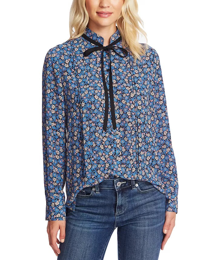 CeCe Women's Floral Cluster Tie Neck Blouse Blue Size Large