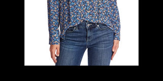 CeCe Women's Floral Cluster Tie Neck Blouse Blue Size Large