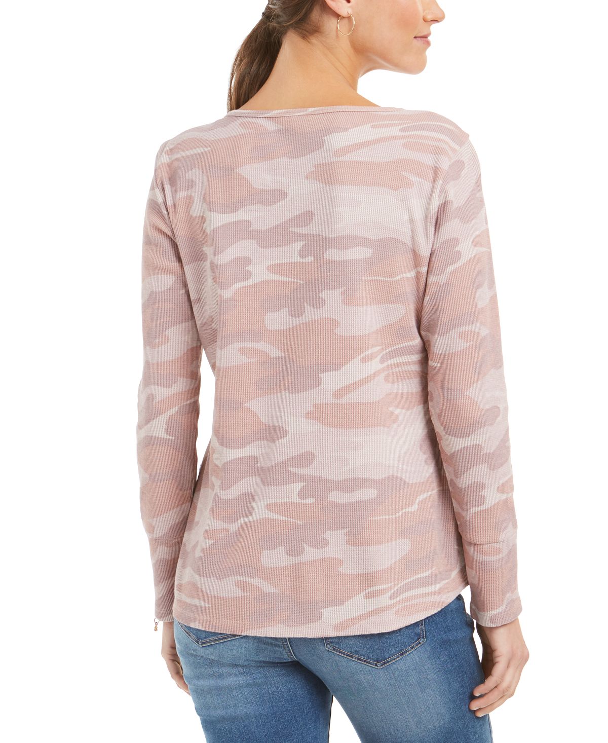 Style & Co Women's Printed Split Neck Cotton Thermal Top Pink Size M