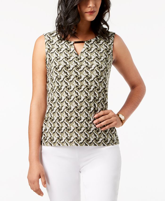 JM Collection Women's Printed Keyhole Jacquard Top Green Size S