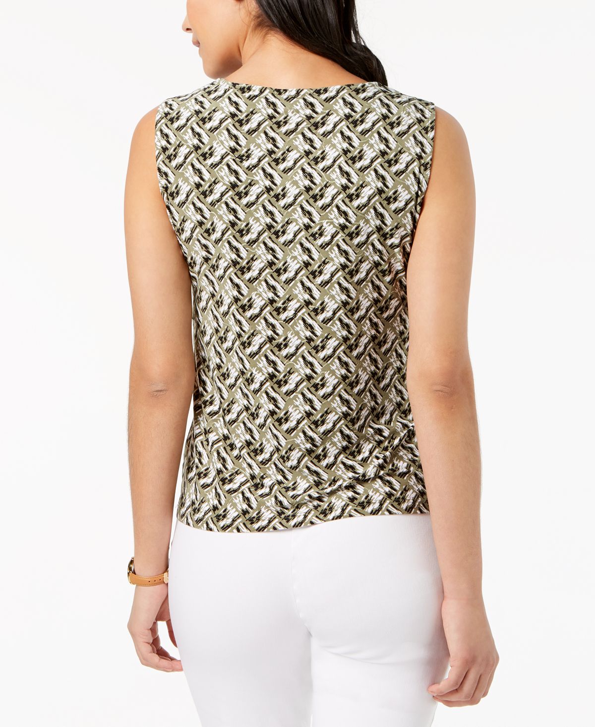 JM Collection Women's Printed Keyhole Jacquard Top Green Size S