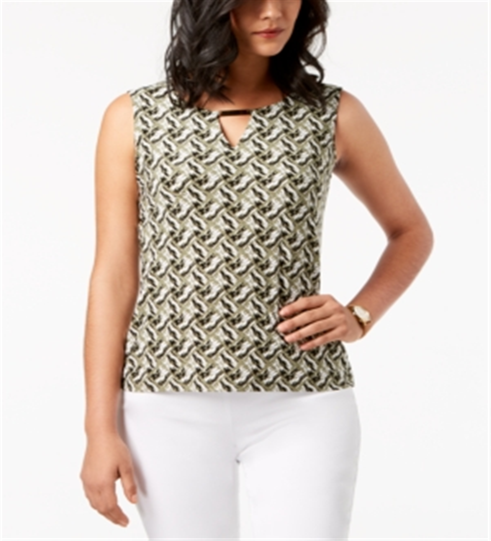 JM Collection Women's Printed Keyhole Jacquard Top Green Size S