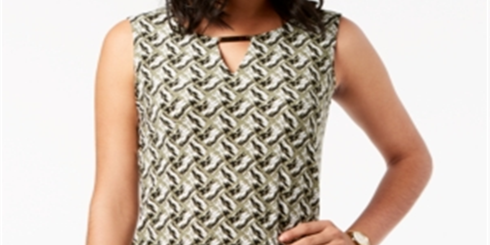 JM Collection Women's Printed Keyhole Jacquard Top Green Size S