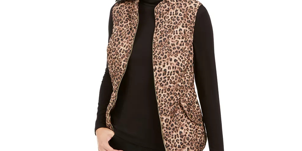 Charter Club Women's Petite Printed Zip-Front Vest Beige Size Petite L