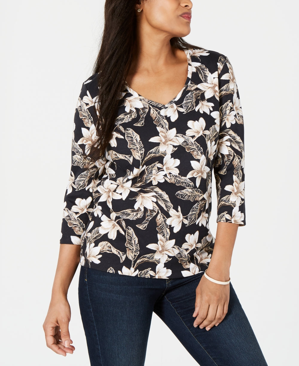 Karen Scott Women's Floral-Print V-Neck Top Black Size X Small