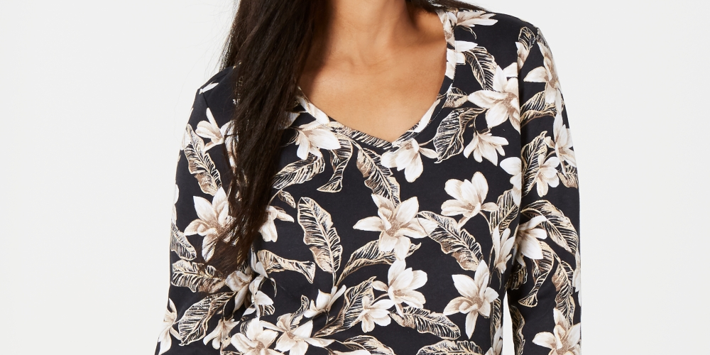 Karen Scott Women's Floral-Print V-Neck Top Black Size X Small