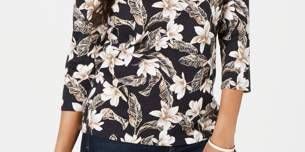 Karen Scott Women's Floral-Print V-Neck Top Black Size X Small