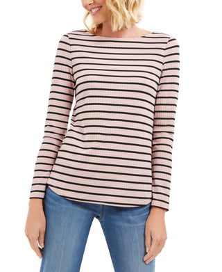 Charter Club Women's Ribbed Striped Top Pink Size Petite Medium