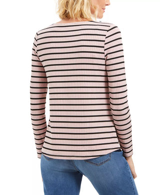 Charter Club Women's Ribbed Striped Top Pink Size Petite Medium