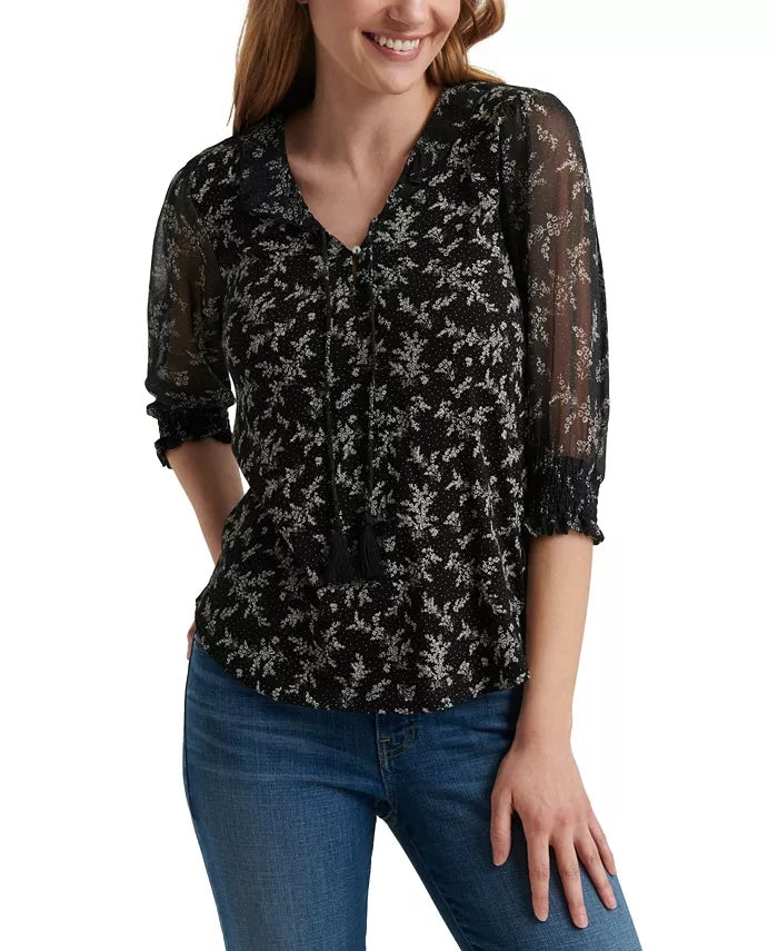 Lucky Brand Women's Mixed Print Sheer Sleeve Top Black Size Small