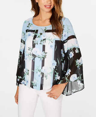 Alfani Women's Printed Angel-Sleeve Top Blue Size Large