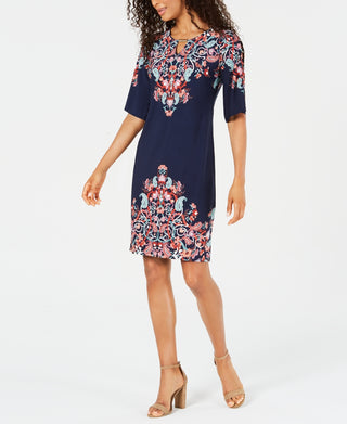 JM Collection Women's Petite Printed Slit-Sleeve Dress  Navy Size Petite L