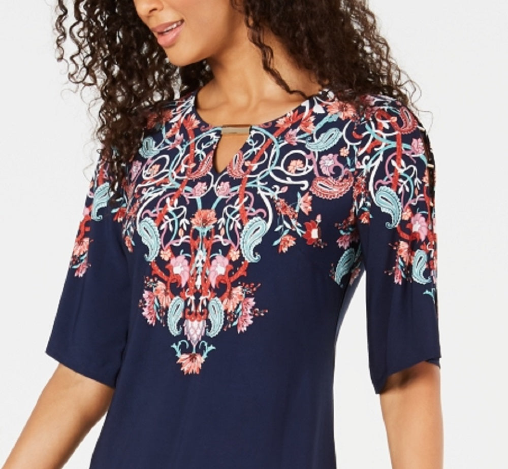 JM Collection Women's Petite Printed Slit-Sleeve Dress  Navy Size Petite L
