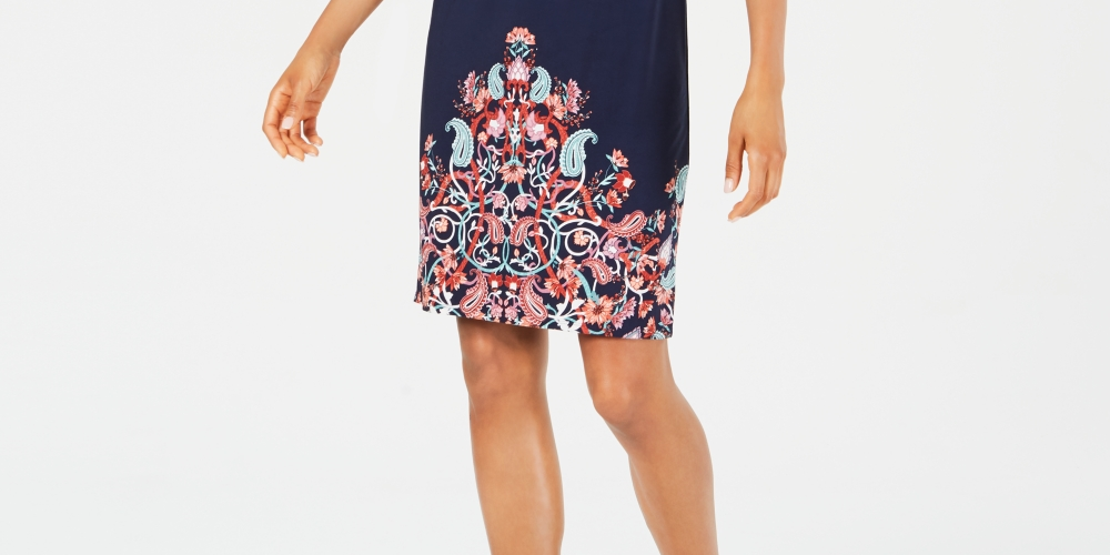 JM Collection Women's Petite Printed Slit-Sleeve Dress  Navy Size Petite L