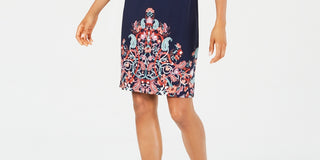 JM Collection Women's Petite Printed Slit-Sleeve Dress  Navy Size Petite L