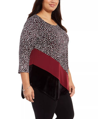 Alfani Women's Printed & Velvet Asymmetrical Top Black Size 2X