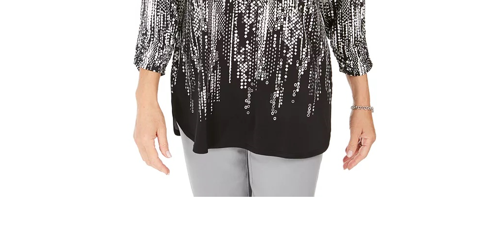 JM Collection Women's Petite Printed Zip-Neck Top Black Size Petite Medium