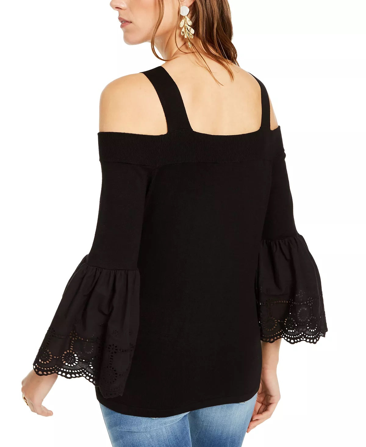 INC International Concepts Women's Cold Shoulder Solid Bell Sleeve Square Neck Top Black Size X-Small