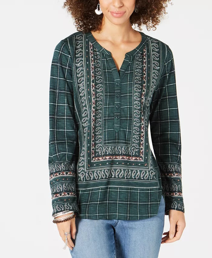 Style & Co Women's Olive Small Paisley Button Down Blouse Green Size Small