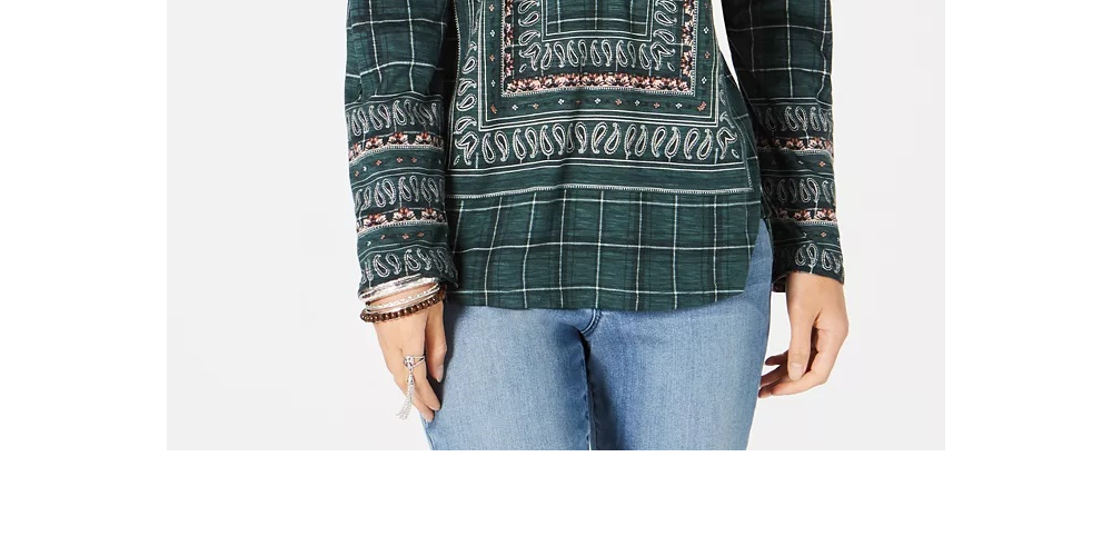 Style & Co Women's Olive Small Paisley Button Down Blouse Green Size Small