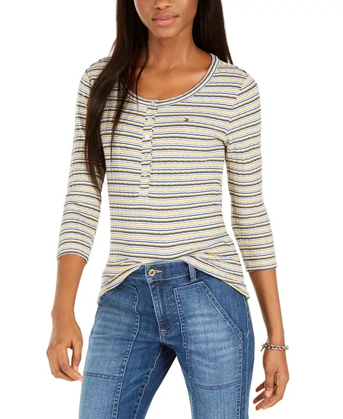 Tommy Hilfiger Women's Striped Long Sleeve Jewel Neck Top White/Blue/Yelow Size Medium