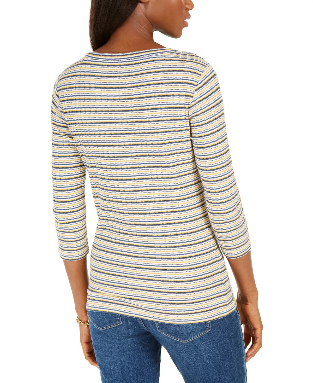 Tommy Hilfiger Women's Striped Long Sleeve Jewel Neck Top White/Blue/Yelow Size Medium
