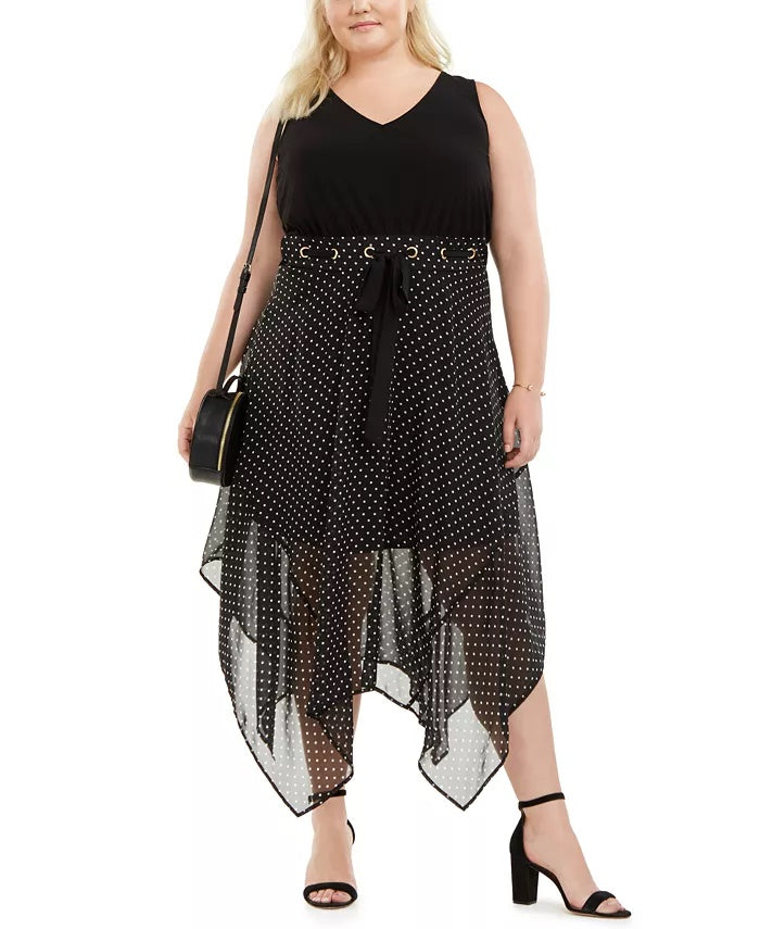 Love Squared Women's Plus Size Polka-Dot Handkerchief-Hem Dress Black/White Size 2X
