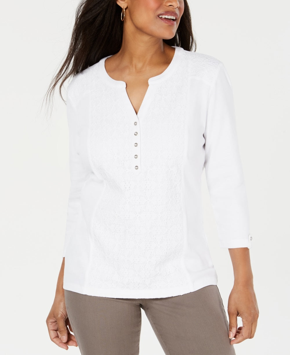 Karen Scott Women's Lace-Front Henley Top  White Size Small