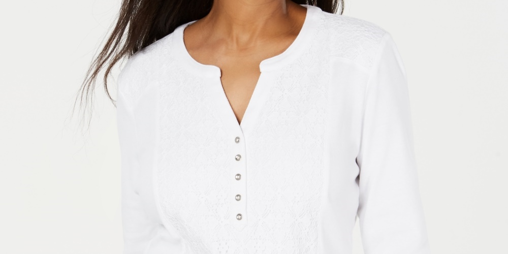 Karen Scott Women's Lace-Front Henley Top  White Size Small