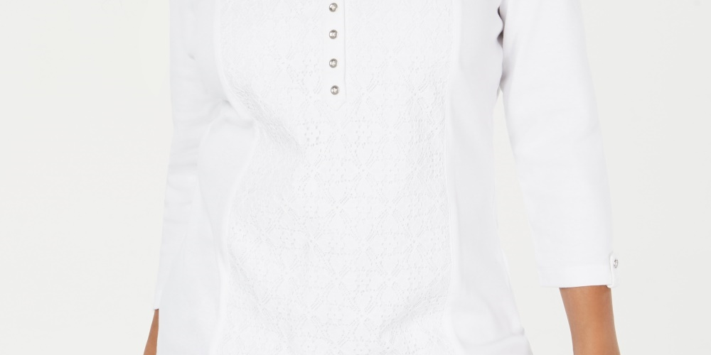 Karen Scott Women's Lace-Front Henley Top  White Size Small