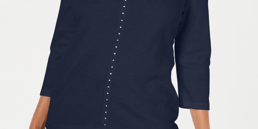 Karen Scott Women's V-Neck Studded Top Navy Size Extra Small