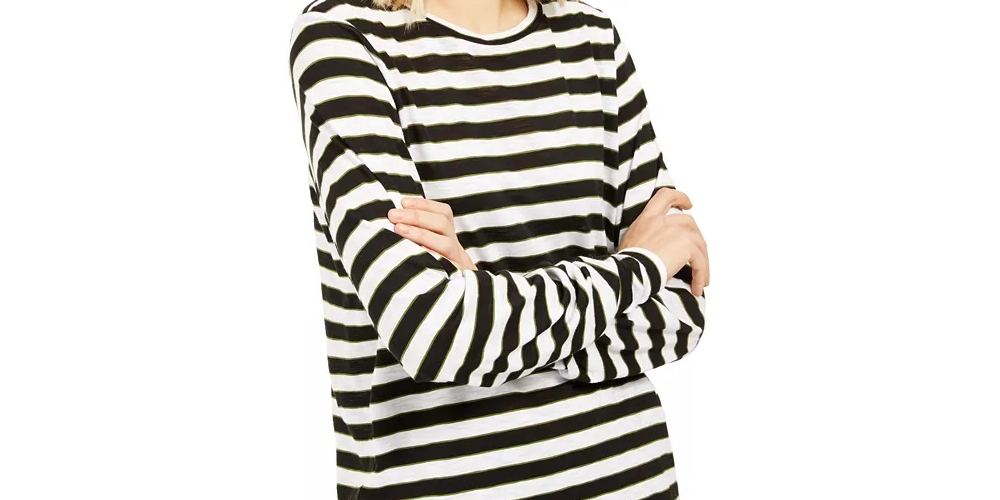 Michael Kors Women's Striped Long-Sleeve Top Regular & Large White Size Large